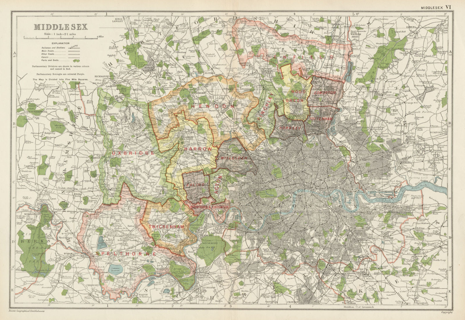 MIDDLESEX showing Parliamentary divisions,boroughs & parks.London.BACON 1934 map